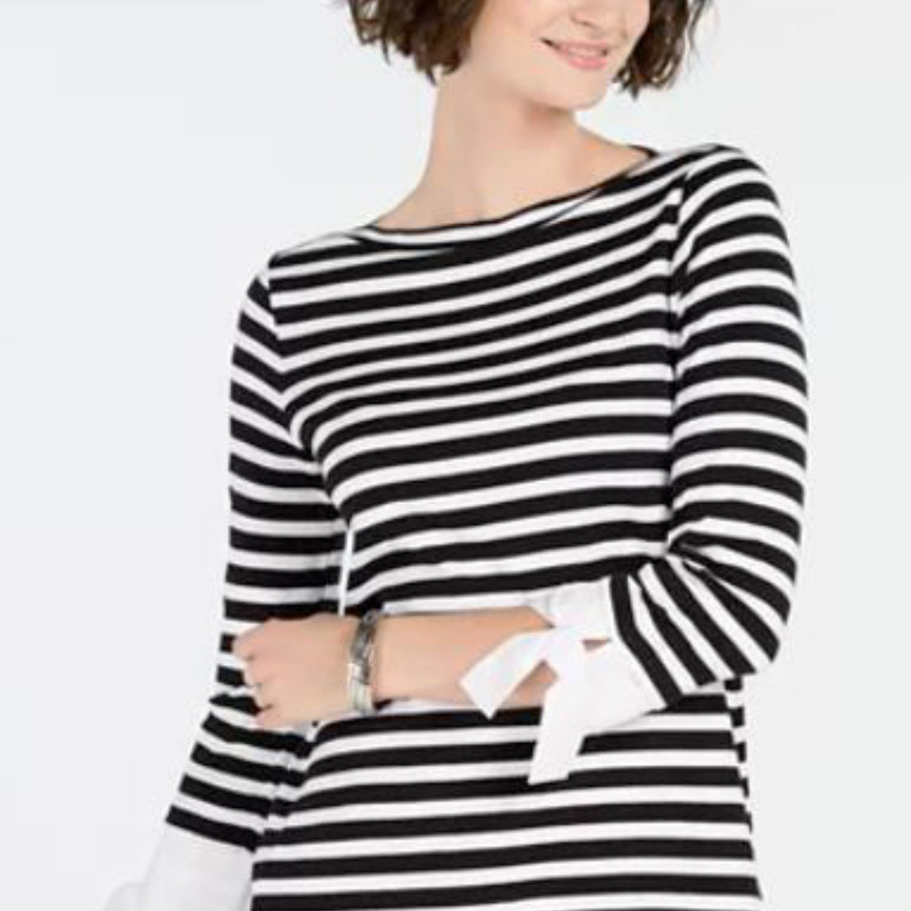 Charter Club Striped Tie-Cuff Cotton Top